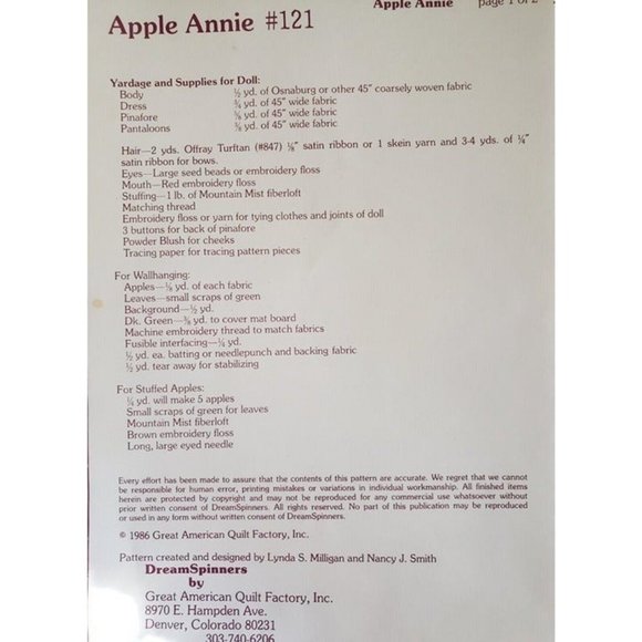 1986 Dream Spinners #121 Apple Annie 22" Doll Clothes/Picture Pattern - Picture 2 of 3